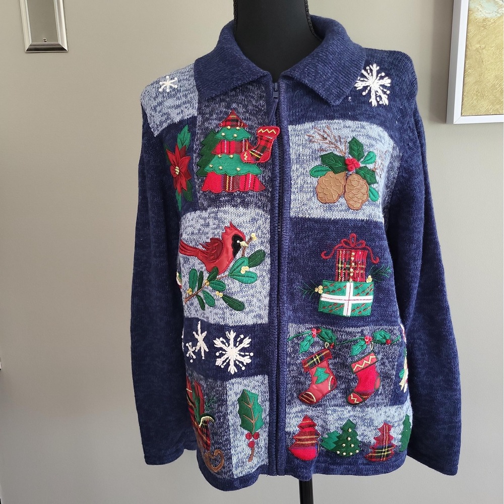 VINTAGE Tiara International Christmas Sweater M Embroidered Ramie Cotton